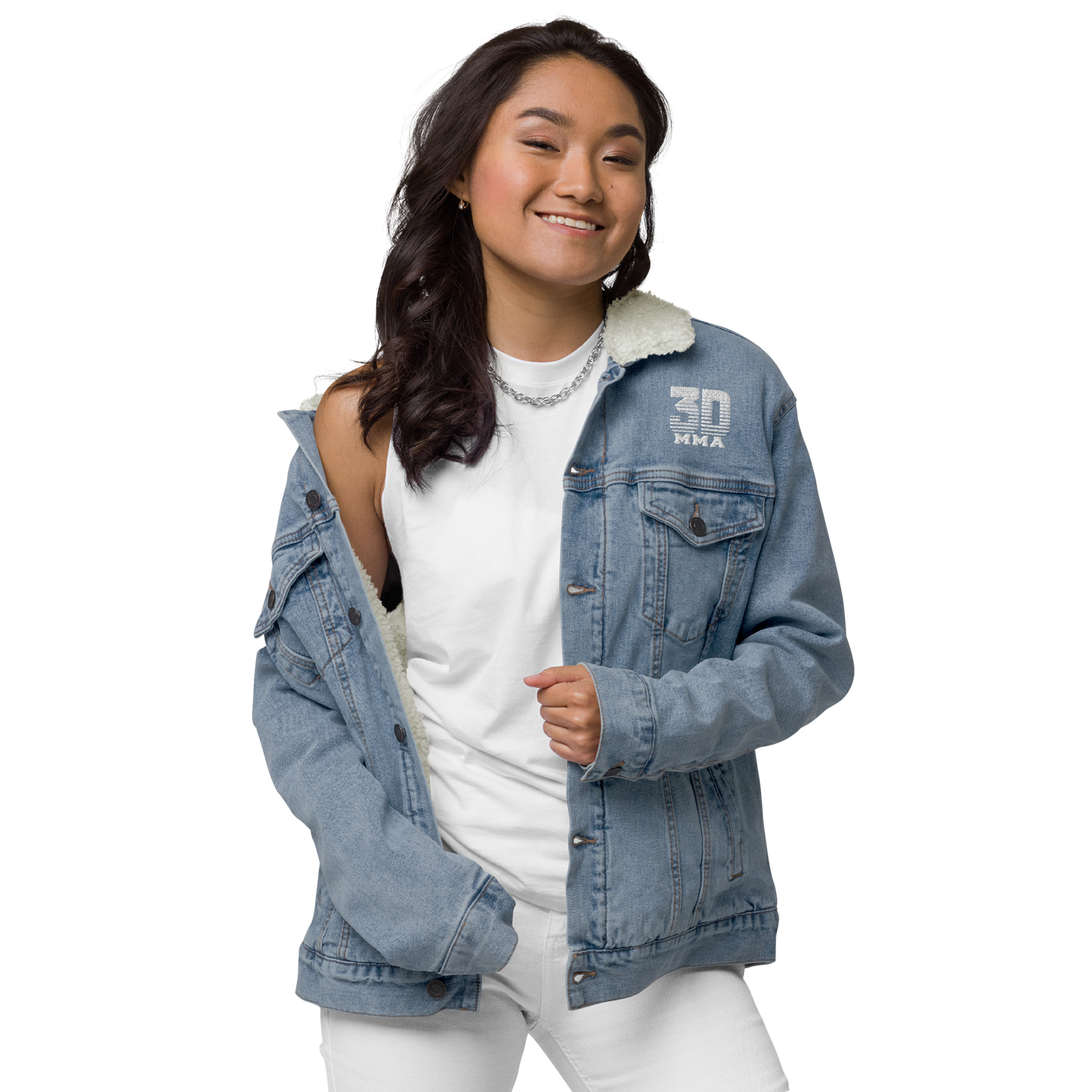 women's denim sherpa jacket, 3D Martial Arts, branded denim jacket, women's casual outerwear, cozy denim jacket, winter fashion, sherpa-lined denim, stylish jacket for women, trendy outerwear, women's fall fashion, comfortable jacket, logo denim jacket, casual chic jacket, martial arts fashion, women's streetwear, branded outerwear, durable denim jacket, everyday jacket, women's winter attire, iconic denim, martial arts branding, women's fashion jacket, warm denim outerwear