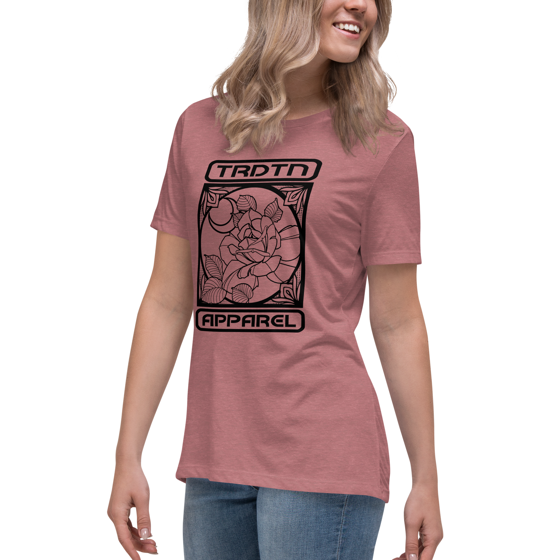 women's relaxed t-shirt, Tradition Apparel, rose tarot design, casual women's tee, graphic t-shirt, trendy women's t-shirt, stylish relaxed tee, comfortable women's top, fashion t-shirt, rose tarot print, casual wear, women's graphic tee, boho style t-shirt, unique tarot design, casual chic, women's streetwear, floral print tee, everyday fashion, tarot card art, relaxed fit t-shirt, women's casual fashion, Tradition Apparel tee, artistic design t-shirt, laid-back style, rose and tarot graphic